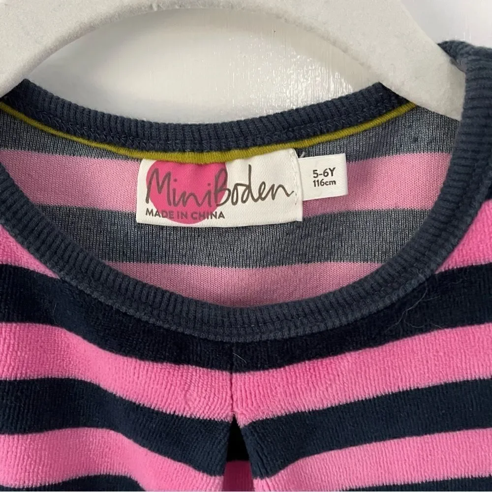 Mini Boden Girls Long Sleeve Velour Dress Pink and Navy Blue Striped Size 5-6
